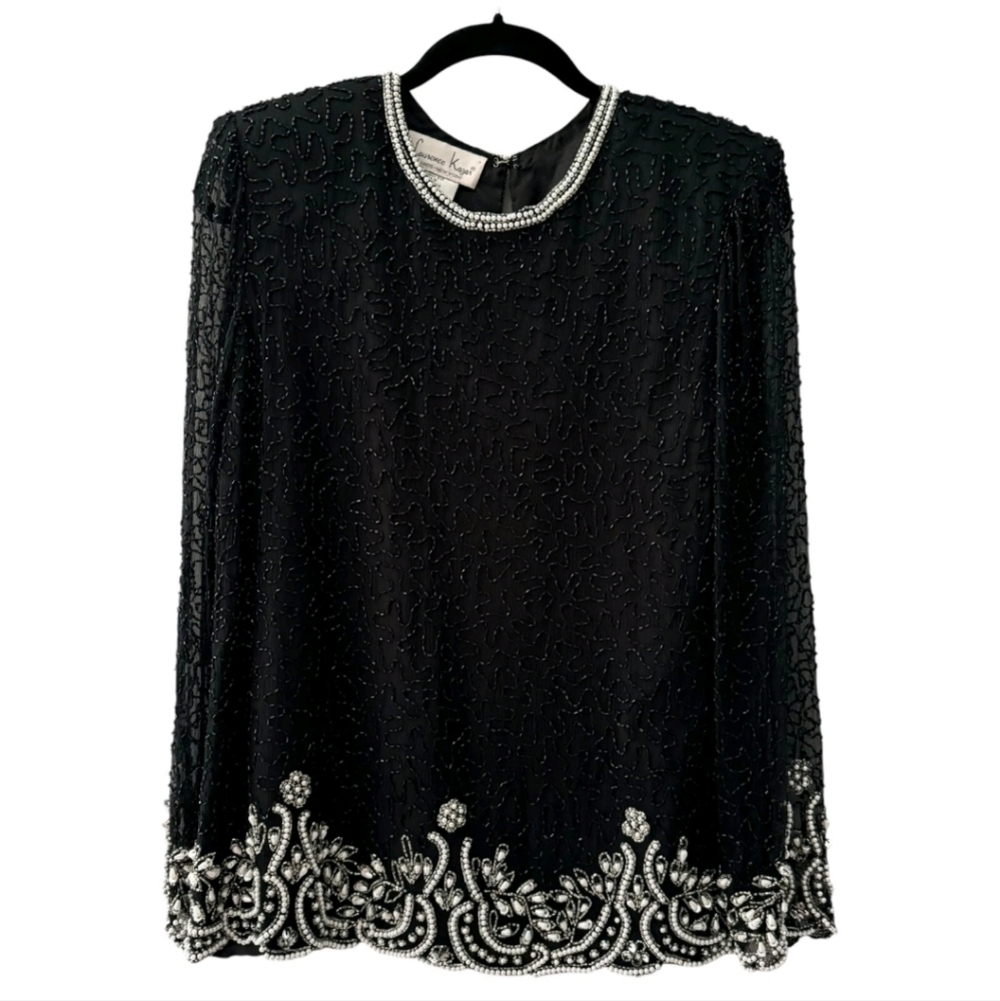 Laurence Kazar Vintage Black Silk Beaded Sequin Pearl Blouse Top Sz S Formal 80s